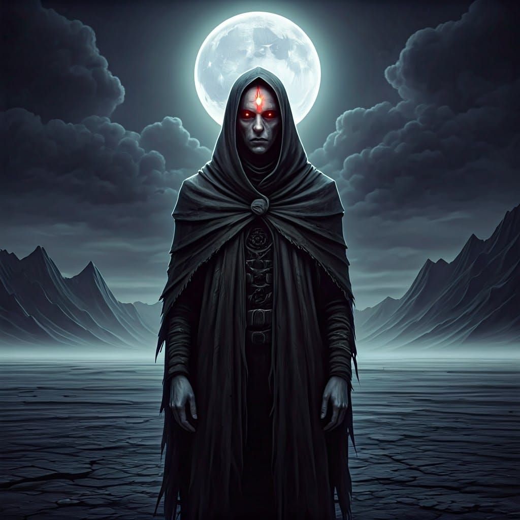 Marked Figure in Desolate Moonlit Landscape