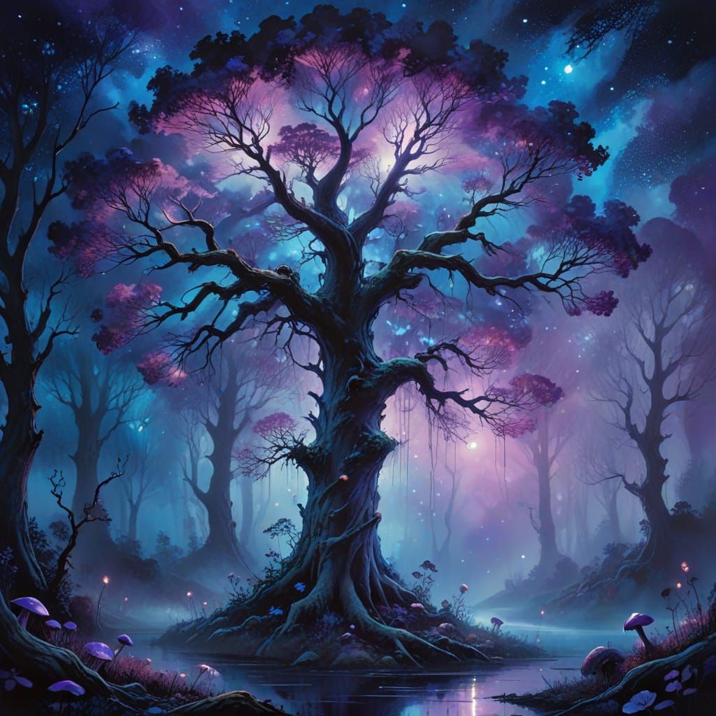 Mystical Forest Dreamscape in Vibrant Blues and Purples