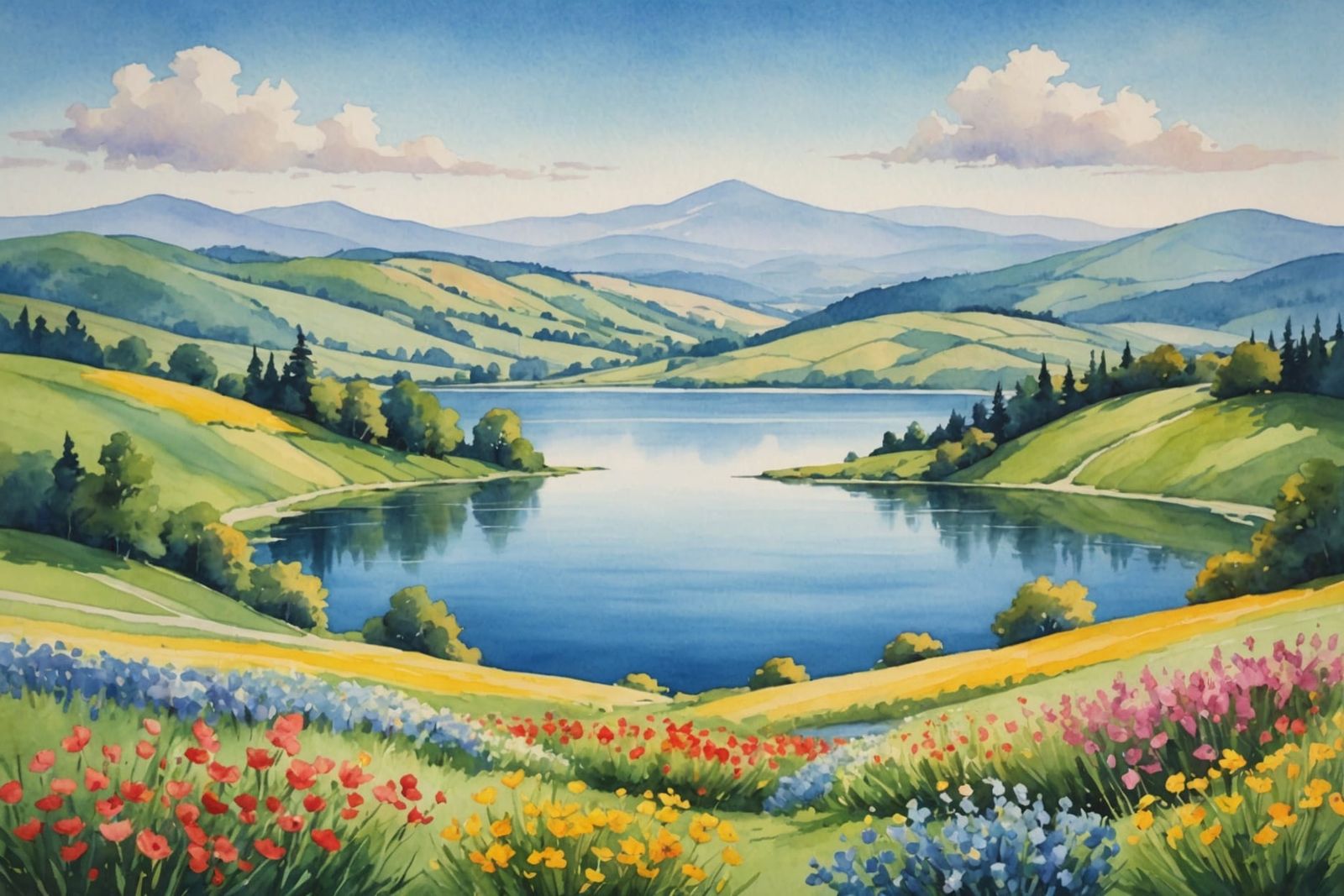Watercolor Serenade with Rolling Hills and Tranquil Lake