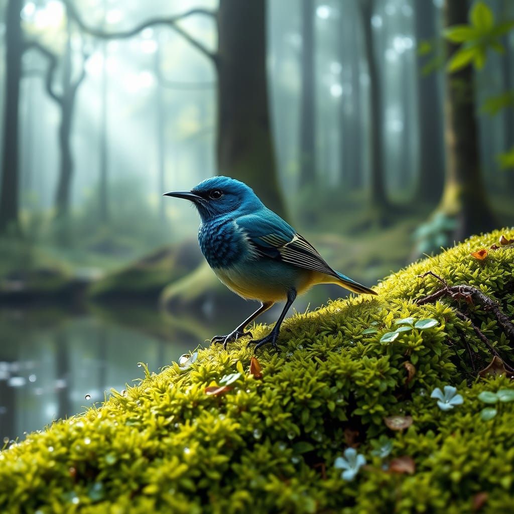 Blue-Throated Thrush on Emerald Moss in Photorealistic Style