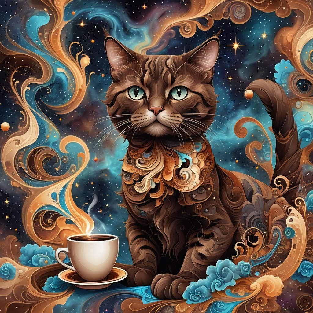 Chocolate Cat in a Mocha Nebula Dreamscape