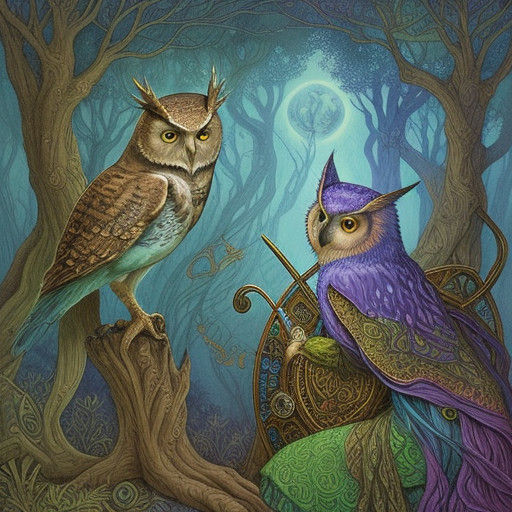 Whimsical Celtic Fantasy Art Featuring a Perched Owl and Har...