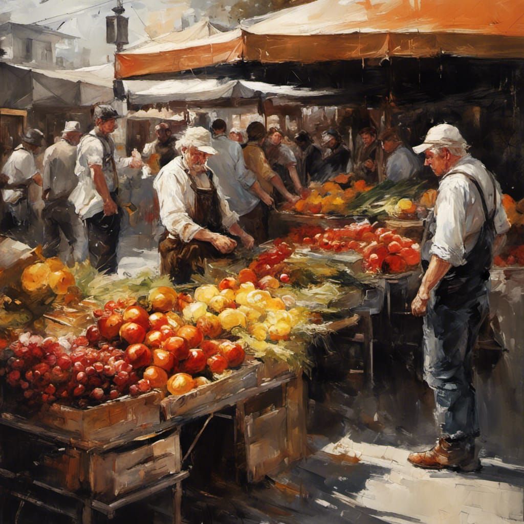 Vibrant Farmers Market Scene in Thick Brush Stroke Oil Paint...