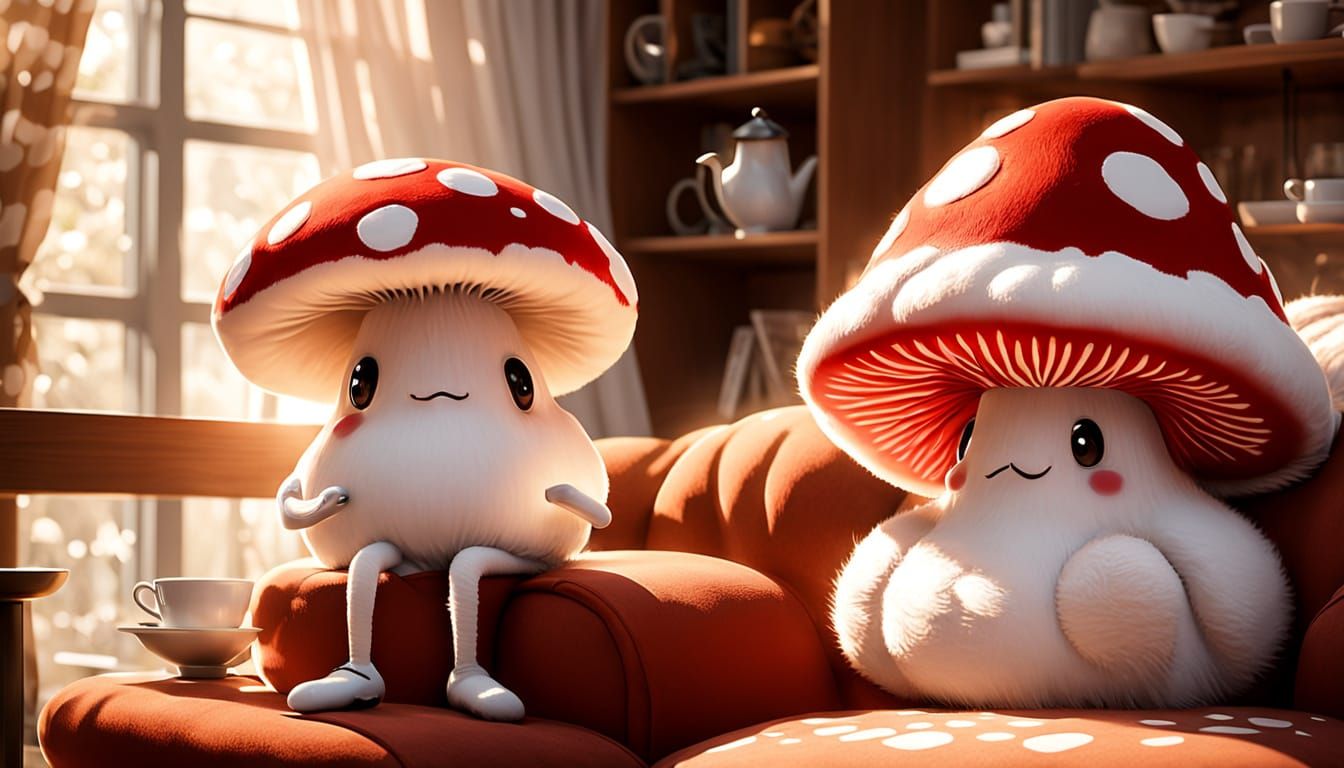 Mushroom Friend Enjoys Tea in Cozy Living Room