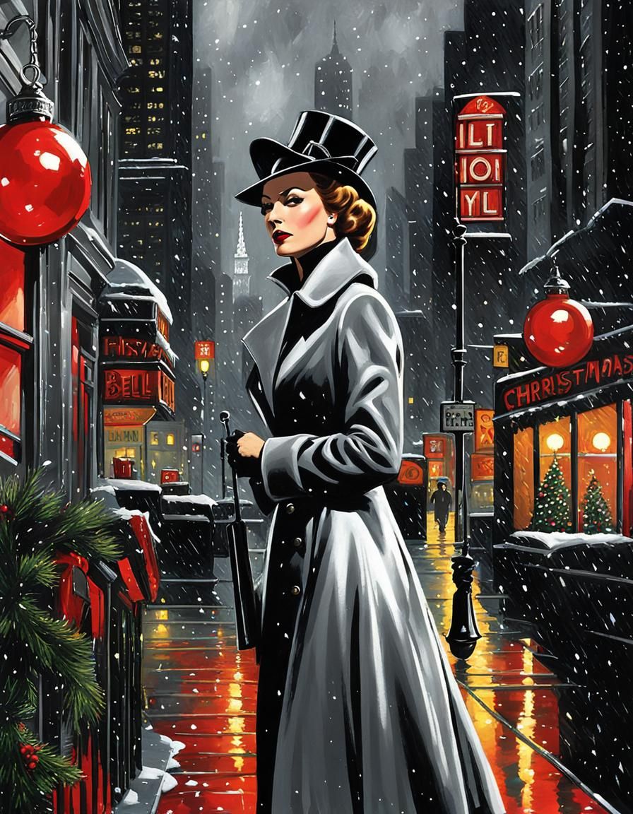 Film Noir Christmas Cityscape in Chiaro Scuro Style