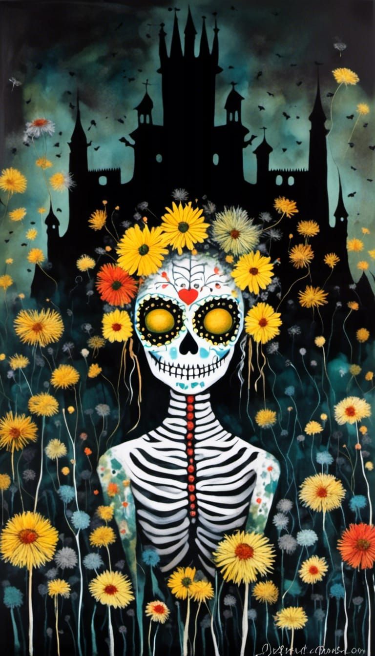 Sugar Skull Catrina in Vibrant Dandelion Castle