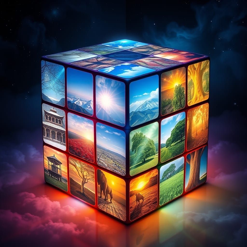 Glowing, Seasonal Rubik's Cube with Global Landscapes