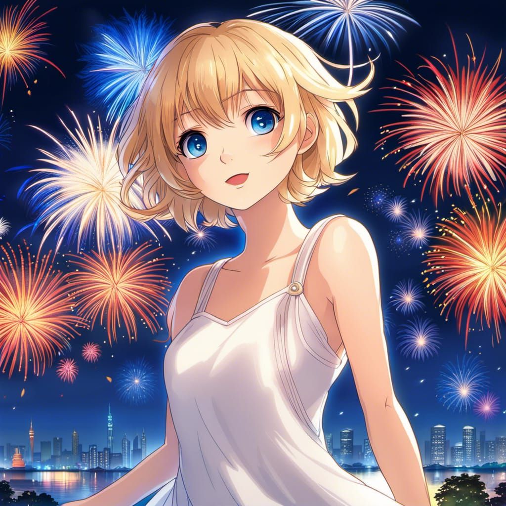 Anime Girl Dancing Under Vibrant Nighttime Fireworks