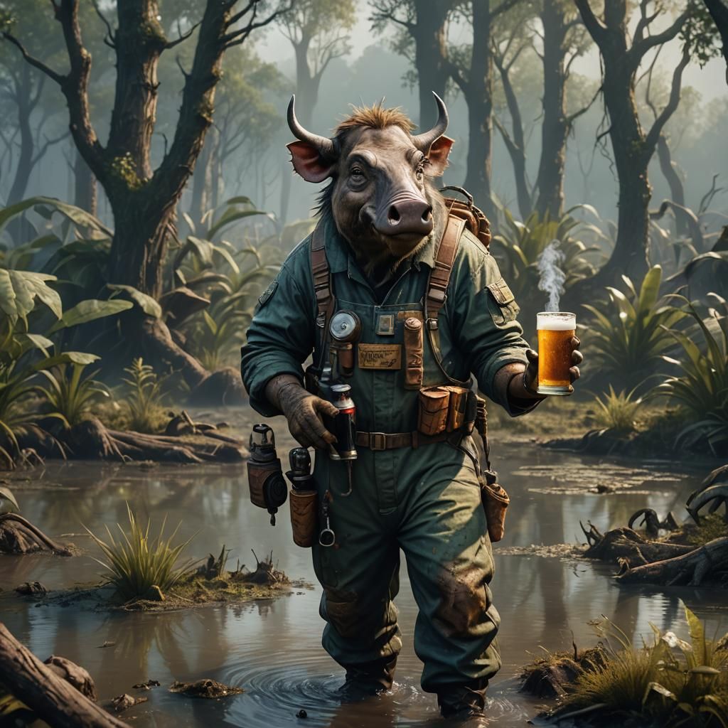 Fantastical Boilermaker Warthog in Swamp, Smoky Beer in Hand