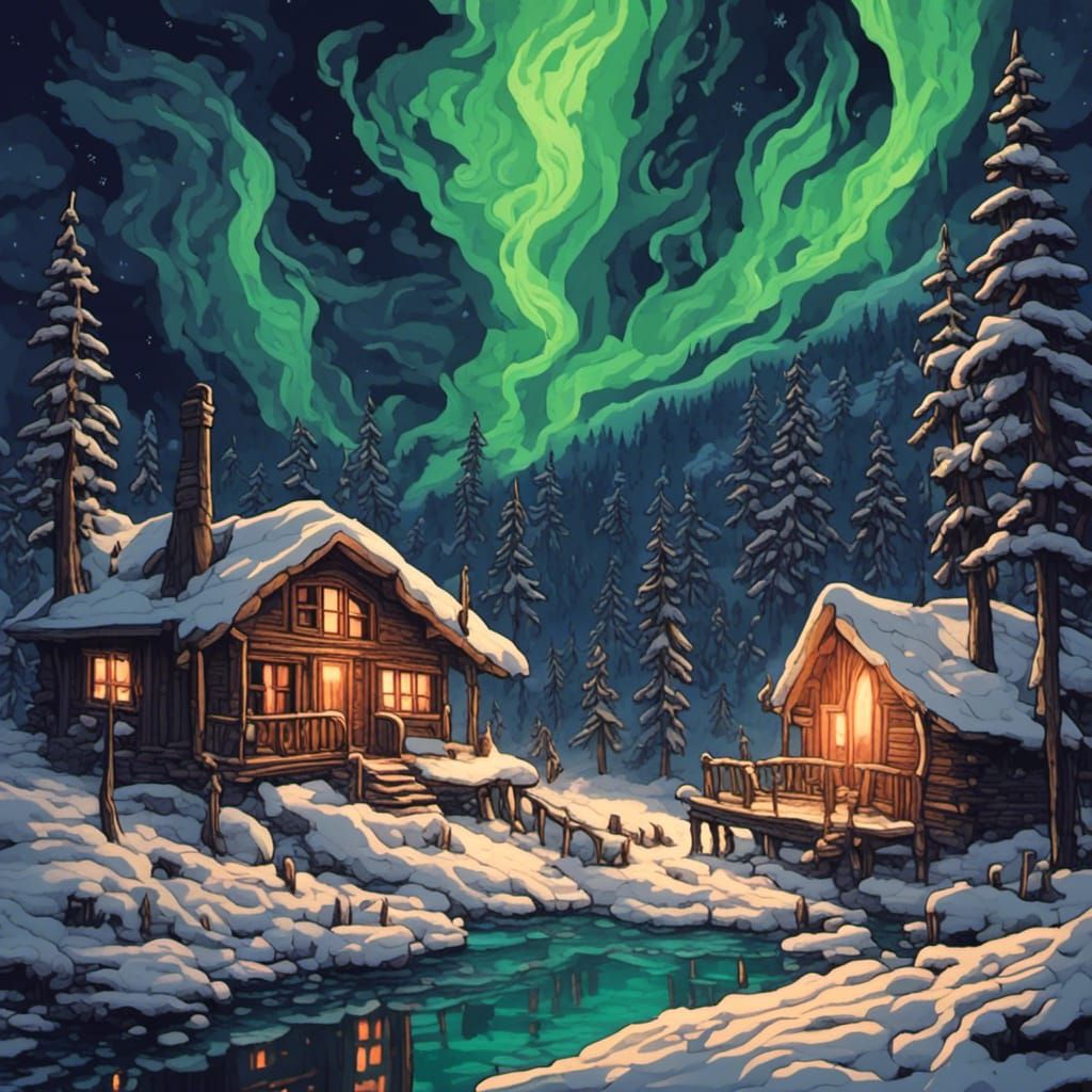 Enchanted Winter Sanctuary in Linocut Style