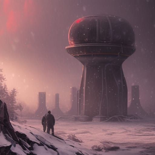 Surreal Winter Scene on an Alien World with Fantastical Arch...