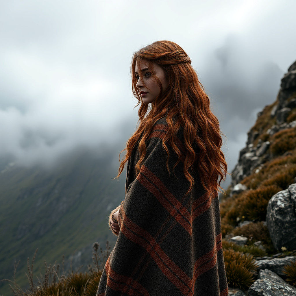 Ginger-Haired Highland Enchantress Amidst Mysterious Mountai...