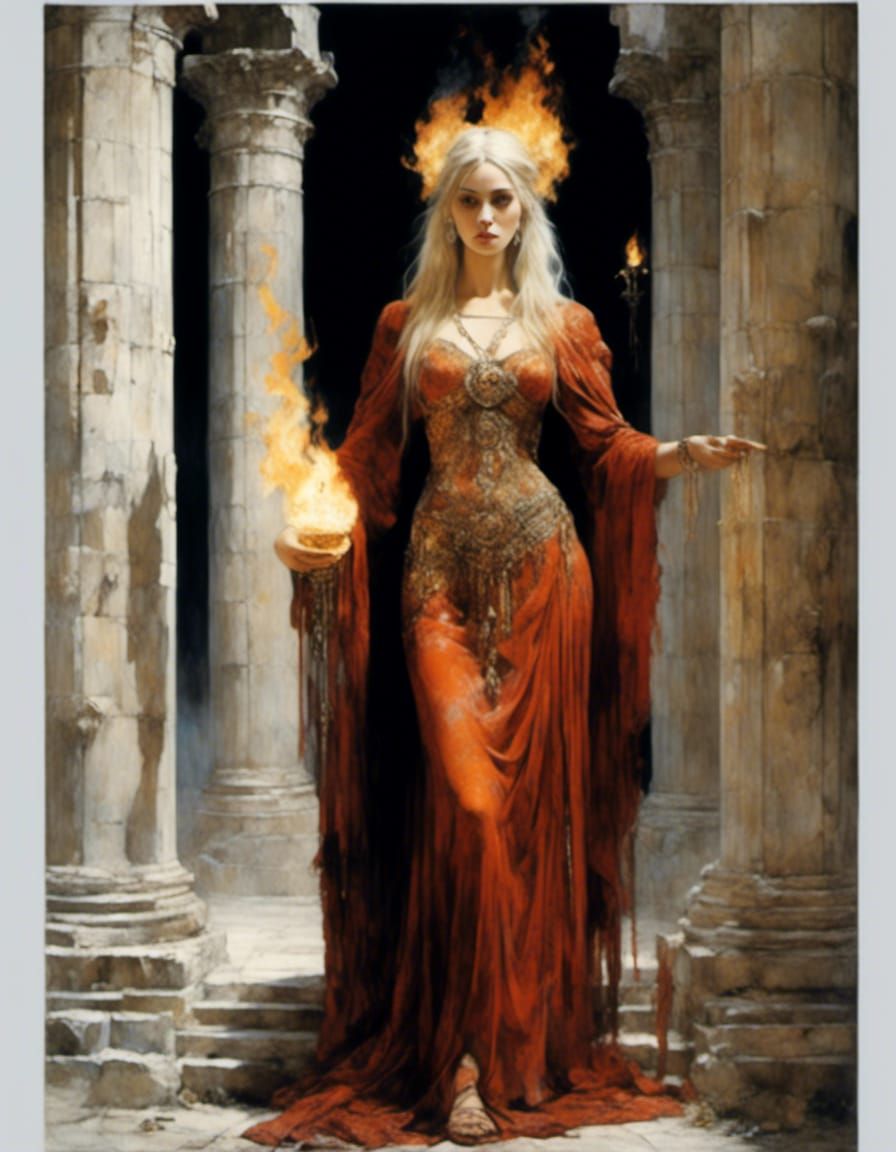 Mysterious High Priestess Illuminated by Inferno in Byzantin...