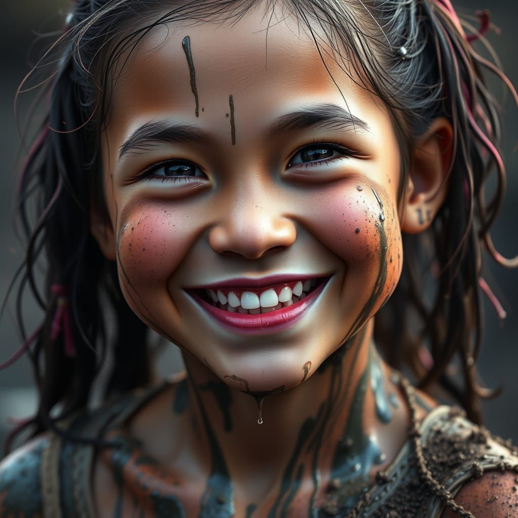 Vibrant Girl in Mud, Joyful Portrait in Concept Art Style