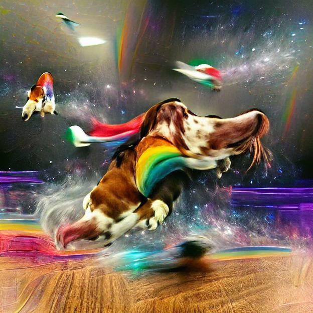 Basset Hound in Cosmic Odyssey on a Vibrant Rainbow Bridge