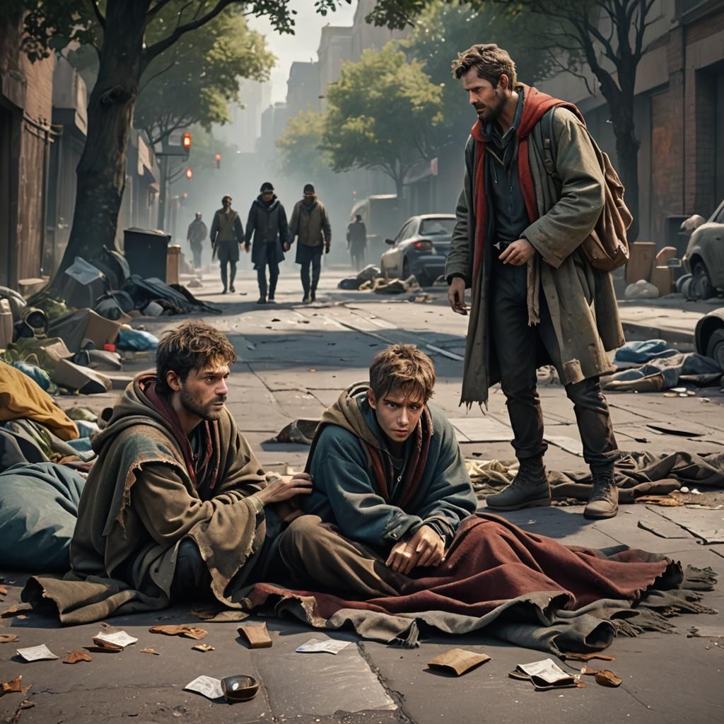 The older brother spotting a homeless boy lying on the ground. The boy is covered in a tattered blanket, and the older b...
