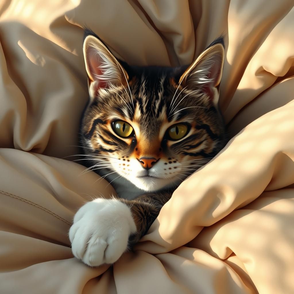 Cozy Realistic Tabby Cat on a Plush Bed