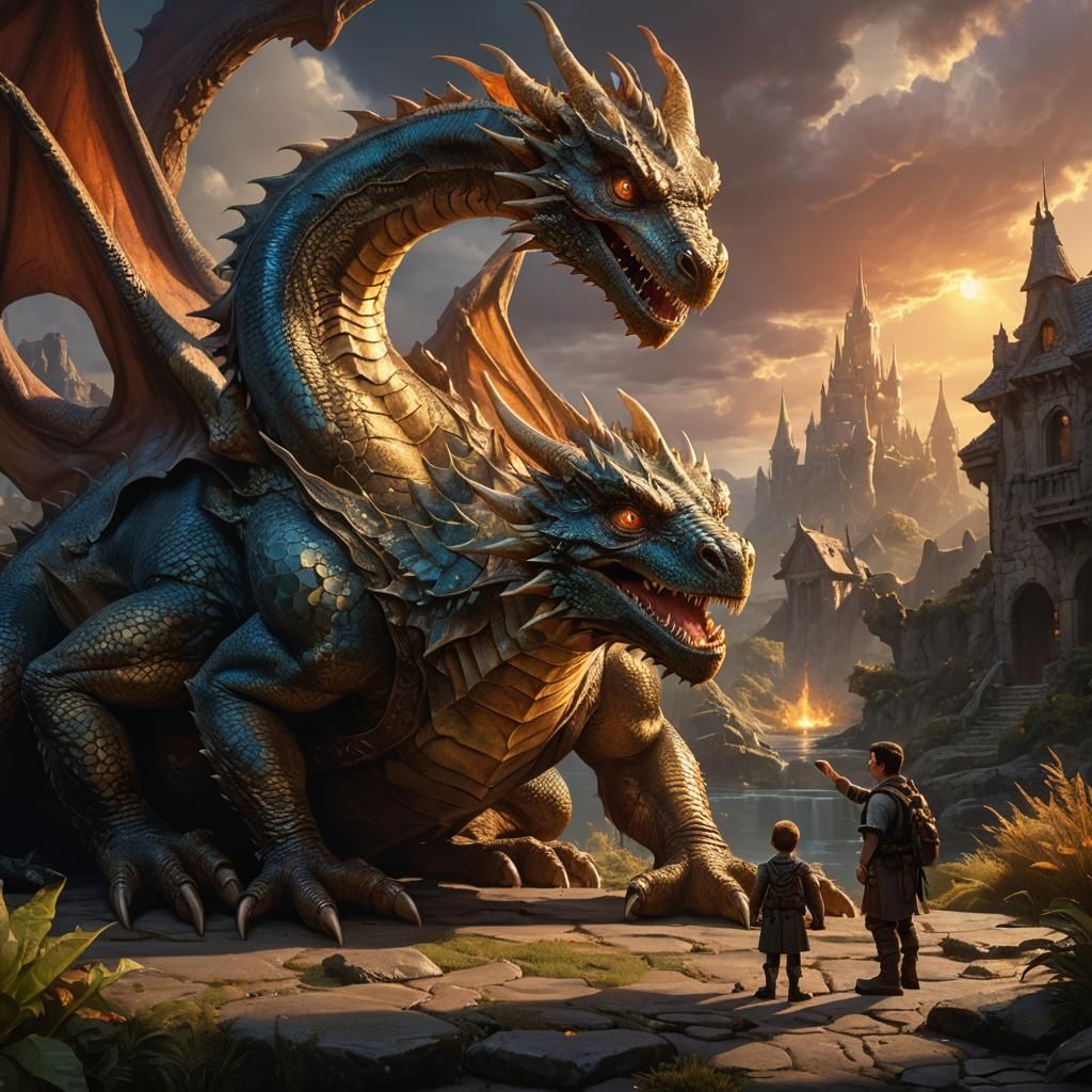 Father and Dragon Cub in Whimsical Fantasy Scene