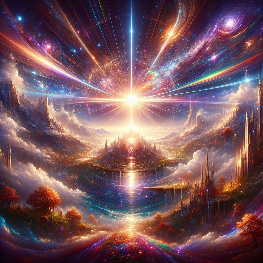 fantasy in painting by person, in the style of lens flare, hyper-detailed illustrations, grandeur of scale, night core, ...