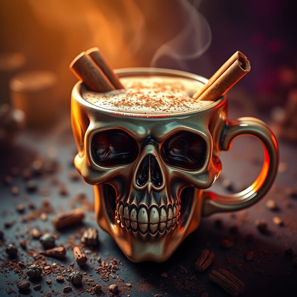 Cinnamon Latte in a Colorful Halloween Fantasy Skull Cup