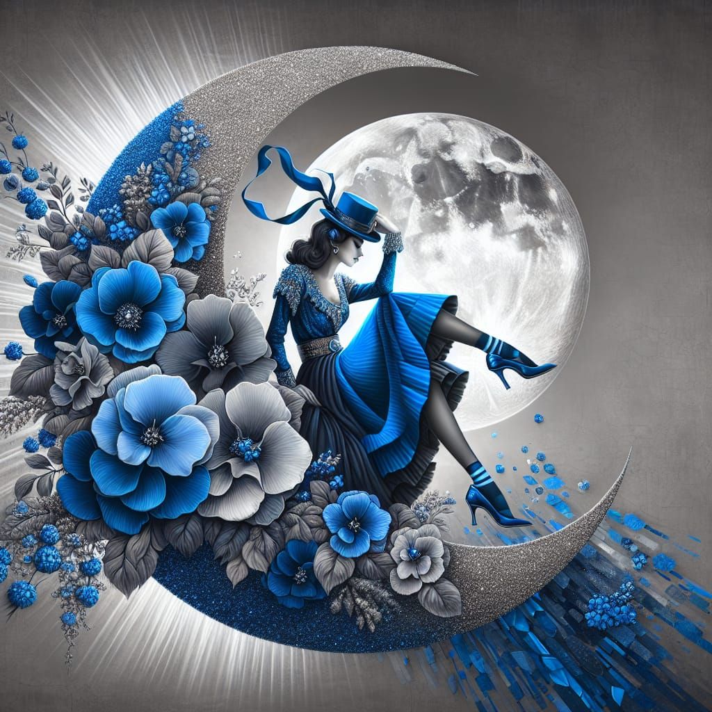 Enchanting Woman on a Sapphire Blue Crescent Moon