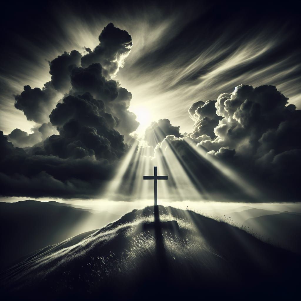Ethereal Dark Clouds Illuminated Cross on a Hill