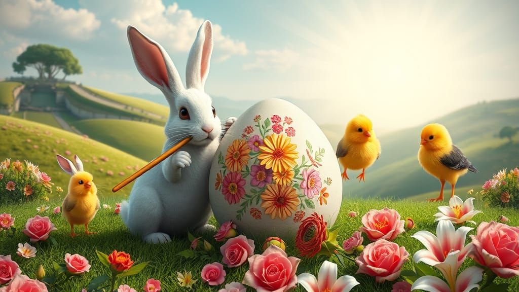 Rabbits and Chicks Painting Easter Eggs