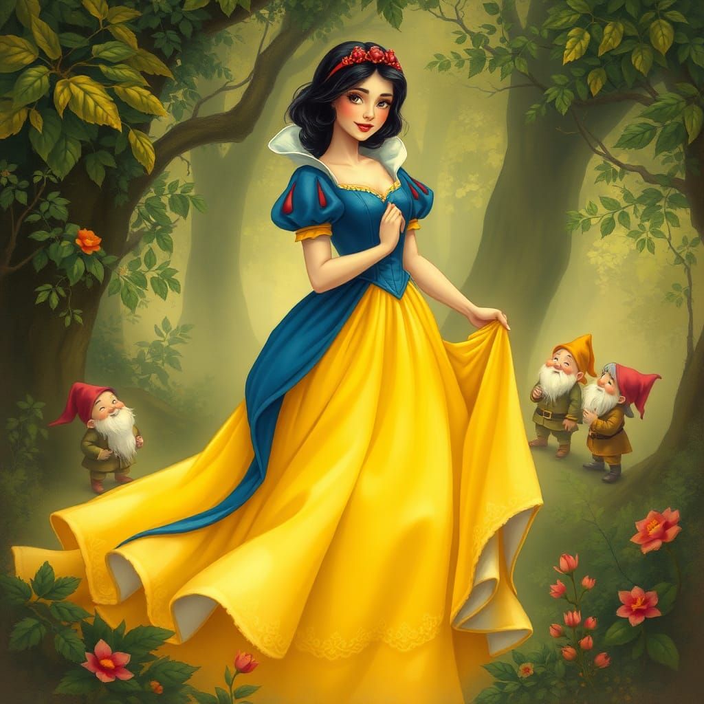 Snow White in Whimsical Renaissance Gown with Dwarf Friends