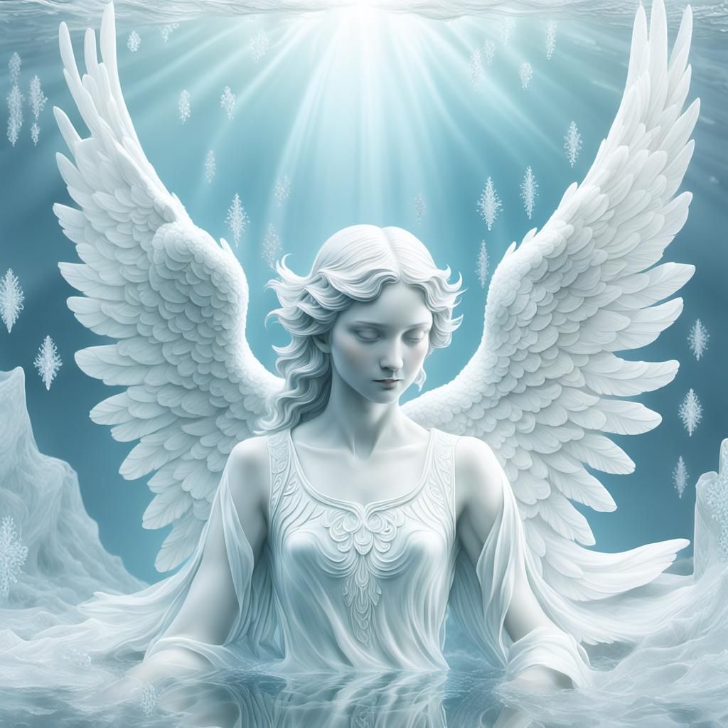 Serene White Angel Frozen in Icy Waterpiece in Digital Art