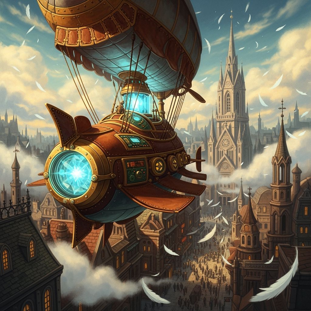 Steampunk Airship Over Victorian City in Painterly Style