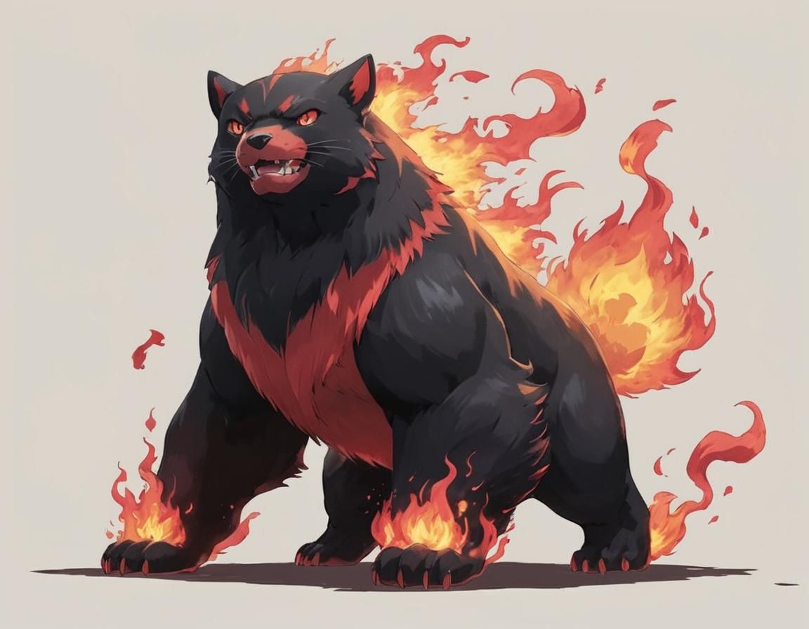 (anime:1.5), full body portrait of a dark/fire type majestic...