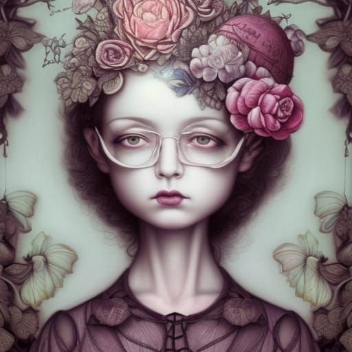 Surreal Museum Masterpiece: Fashion Girl in Botanical Glass....