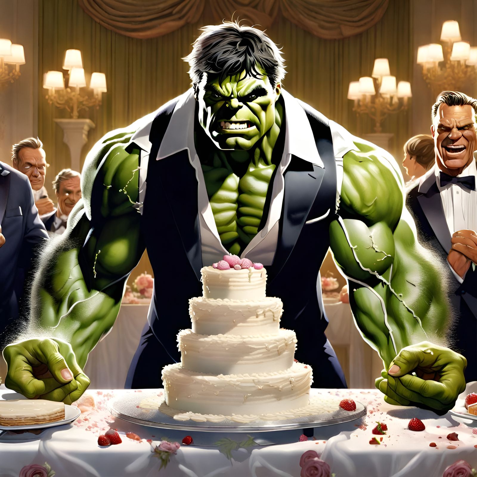 Hulk Smashes Wedding Cake in Gritty Cyberpunk Style