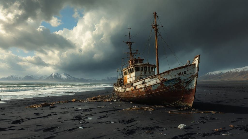 Abandoned Boat on Volcanic Sand, Romantic Landscape