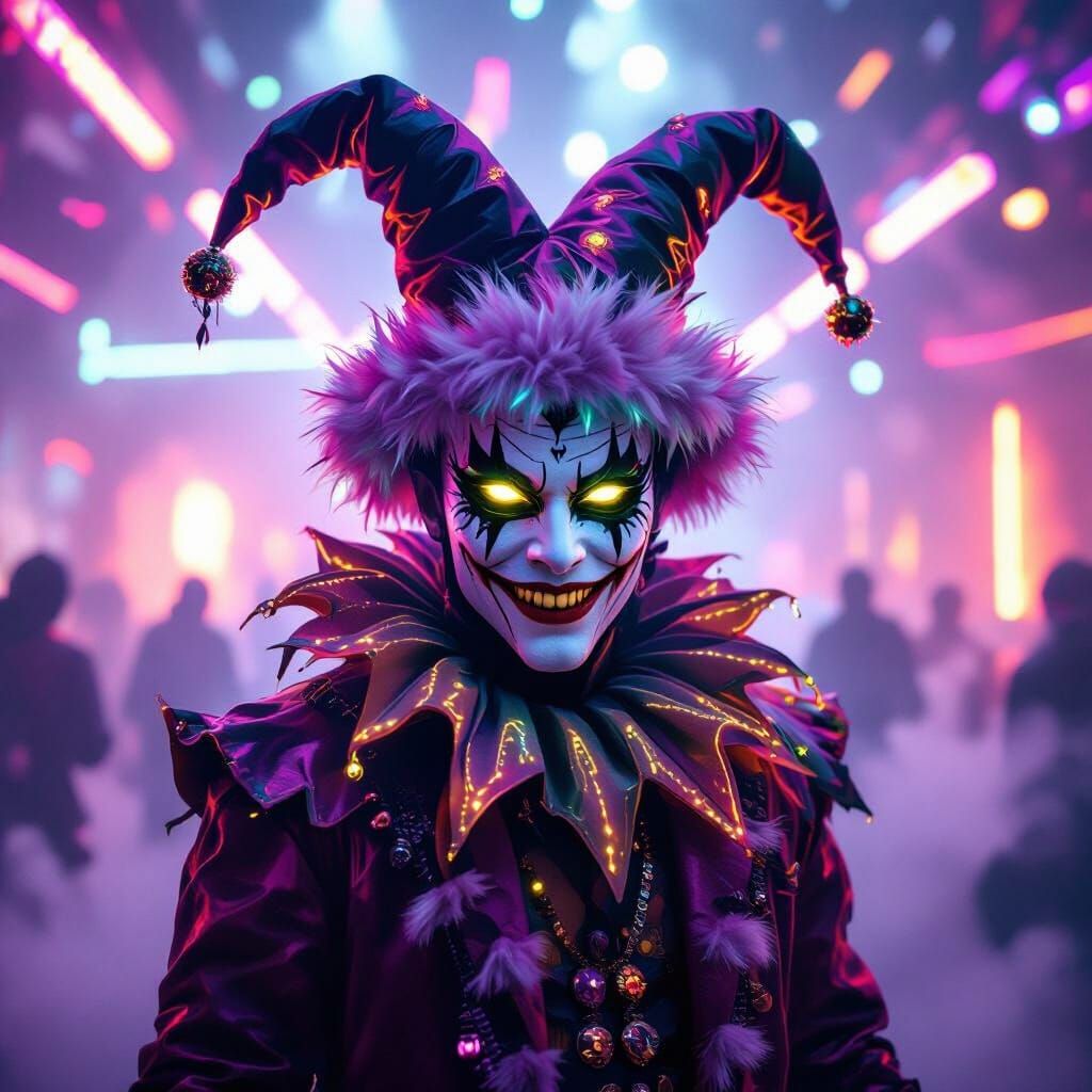Surreal Vampire Jester at a Neon Techno Rave