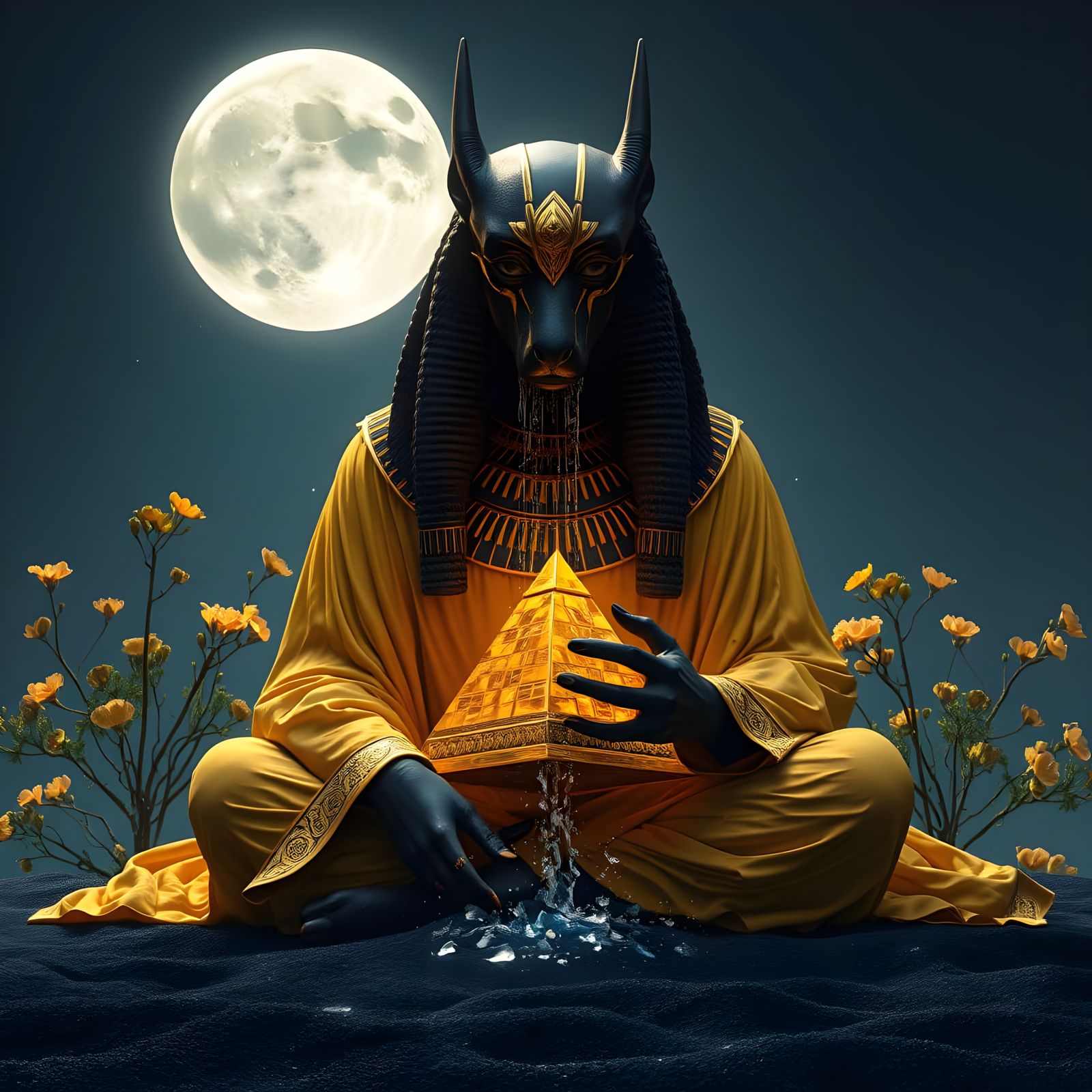 Anubis in Golden Robes Contemplates Under Full Moon
