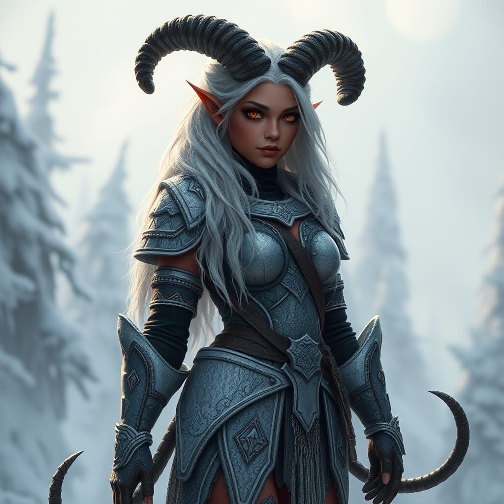 Mystical Tiefling Warrior in Winter Armor