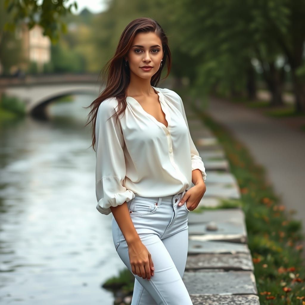 Breathtaking Young Woman by Riverbank in Realistic Portrait