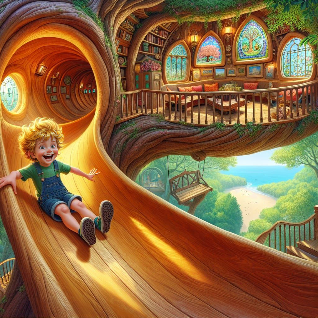 Golden Boy Slides Through Enchanted Tree Village in Whimsica...