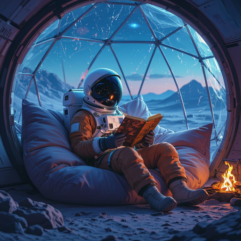 Astronaut Reads in Biodome on Alien Planet