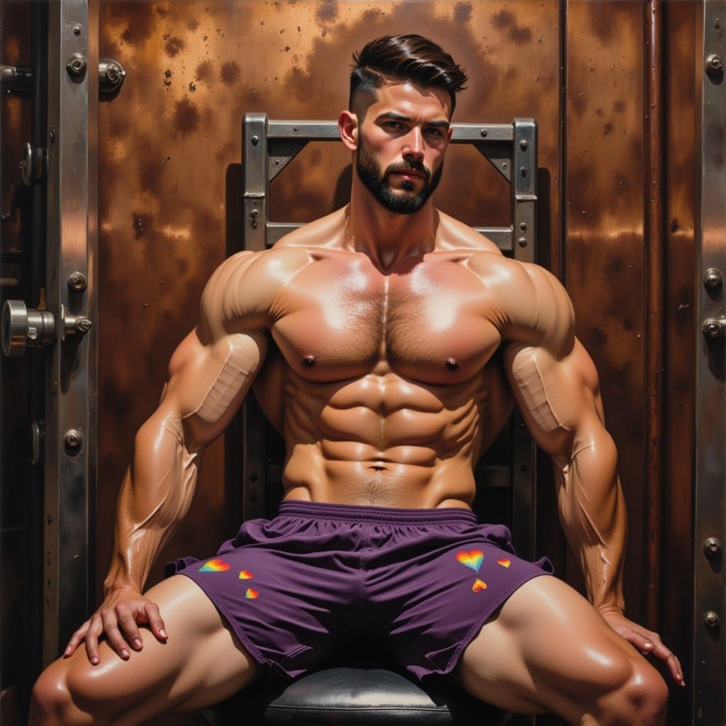 Muscular Man in Rainbow Heart Shorts: Vermeer Lighting