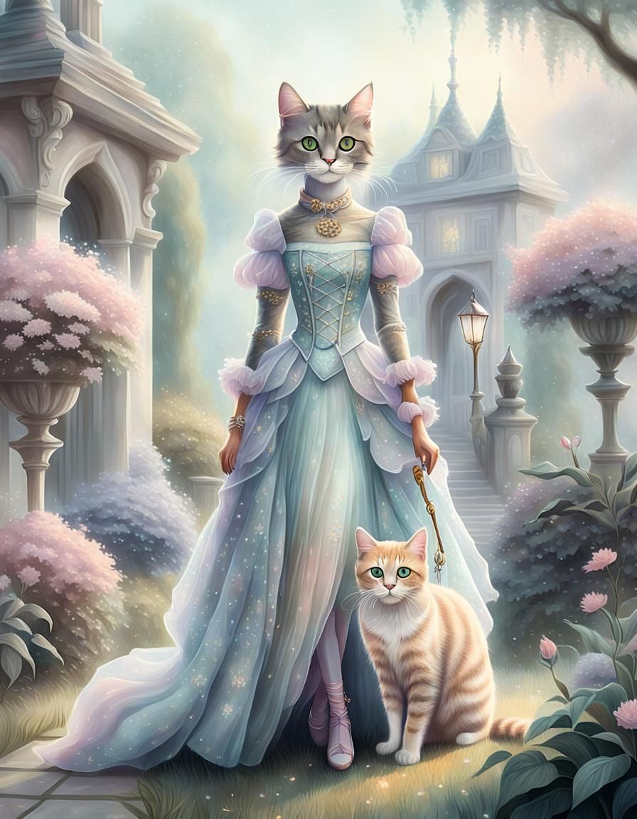 Whimsical Tabaxi Fashionista with Pastel Cat in Dreamy Garde...