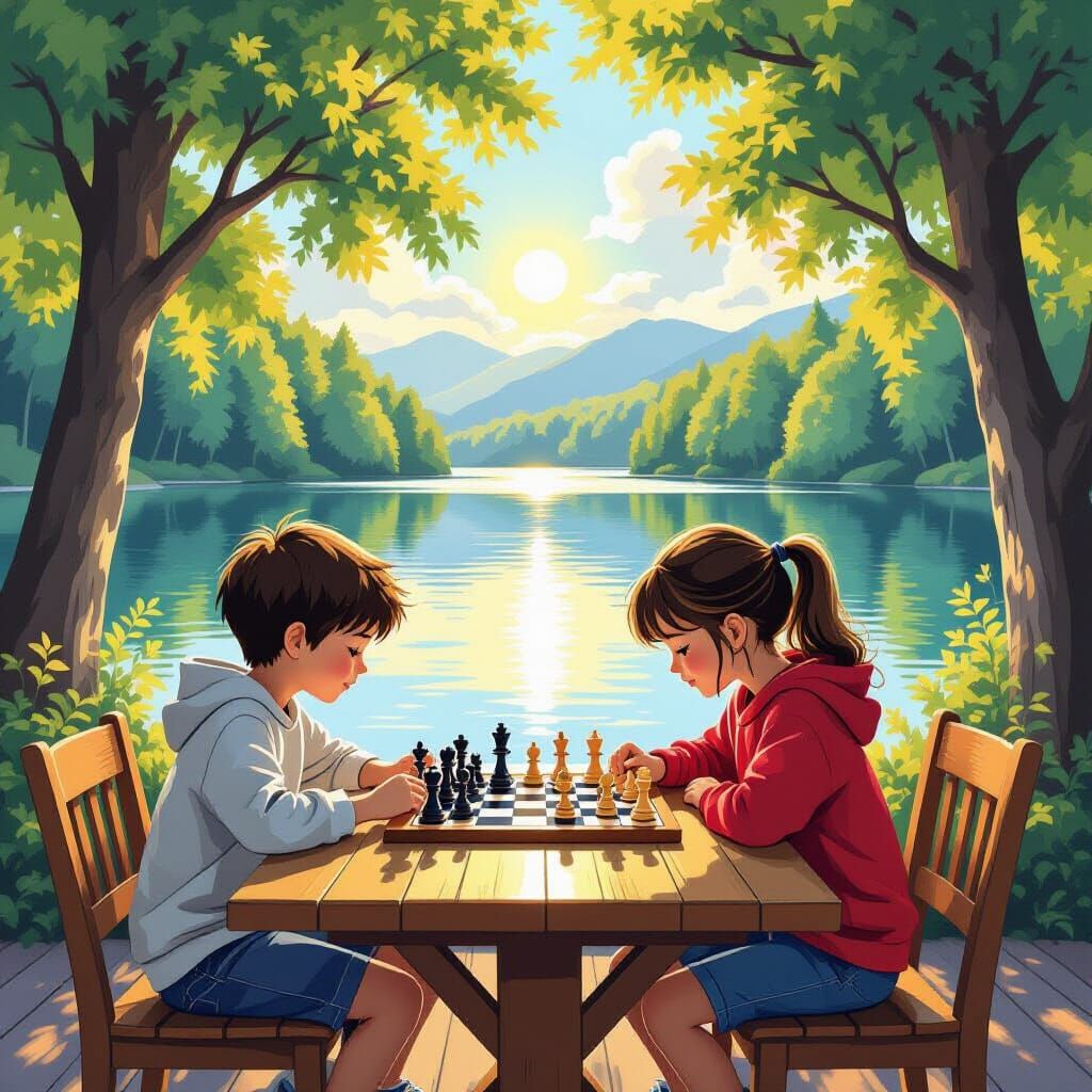 Kids Play Chess by Lake, Animated Style