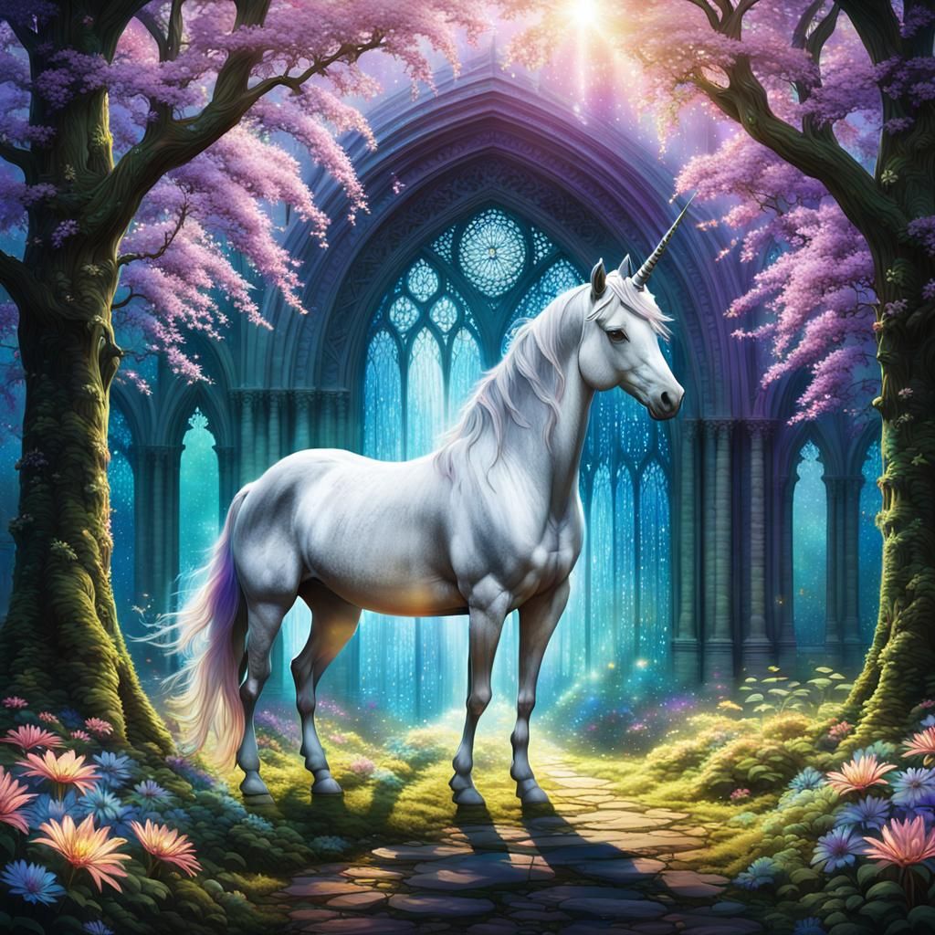Ethereal Unicorn Sanctuary in Gothic Cathedral Forest