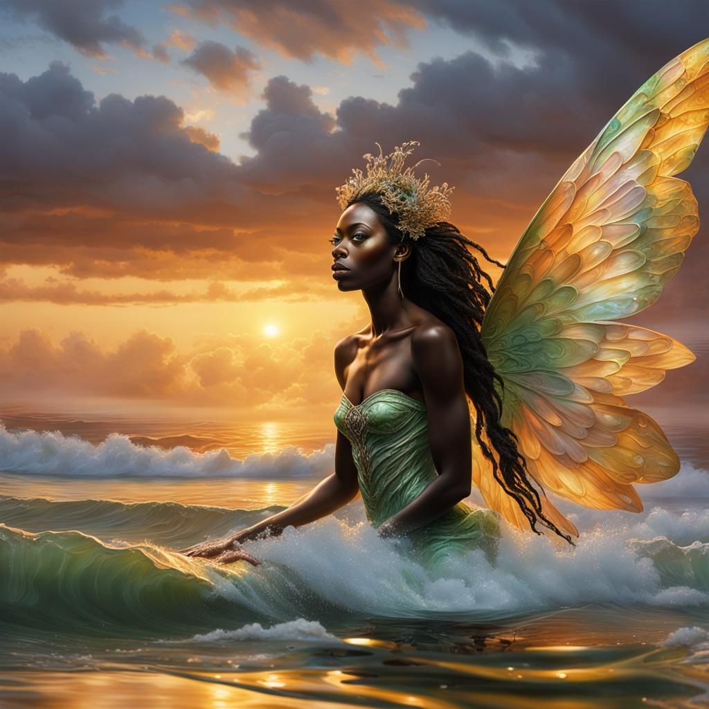 Serene Fairy Goddess Rises from the Ocean in Vibrant Sunrise