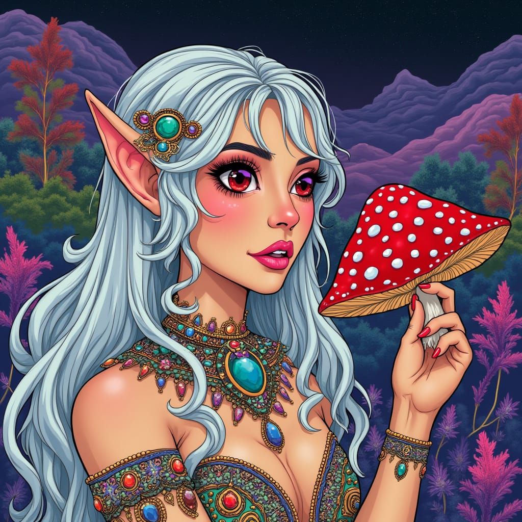 Elven Goddess Nibbling Amanita Mushroom in Dreamlike Landsca...