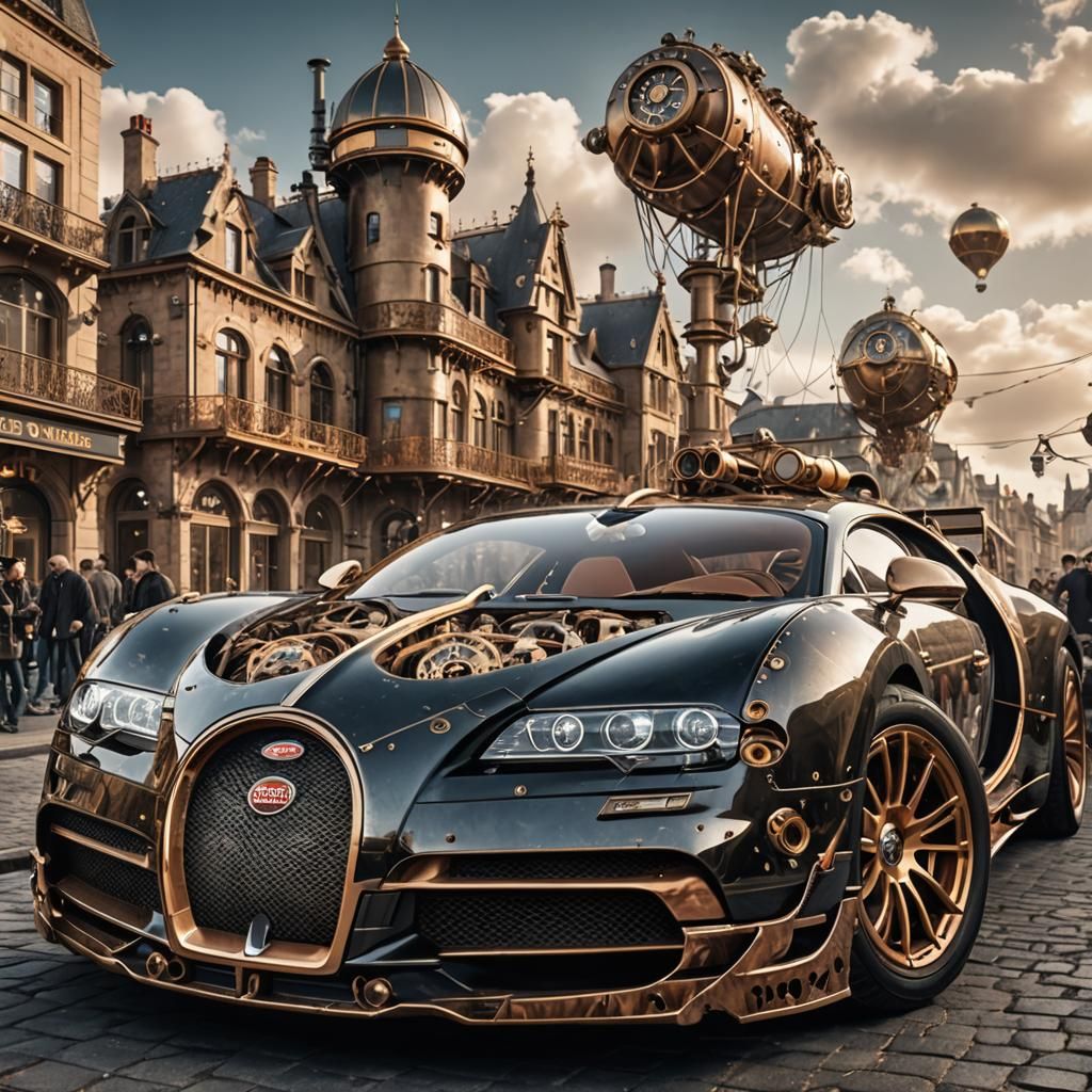 Steampunk Bugatti Veyron in Retro-Futuristic Cityscape
