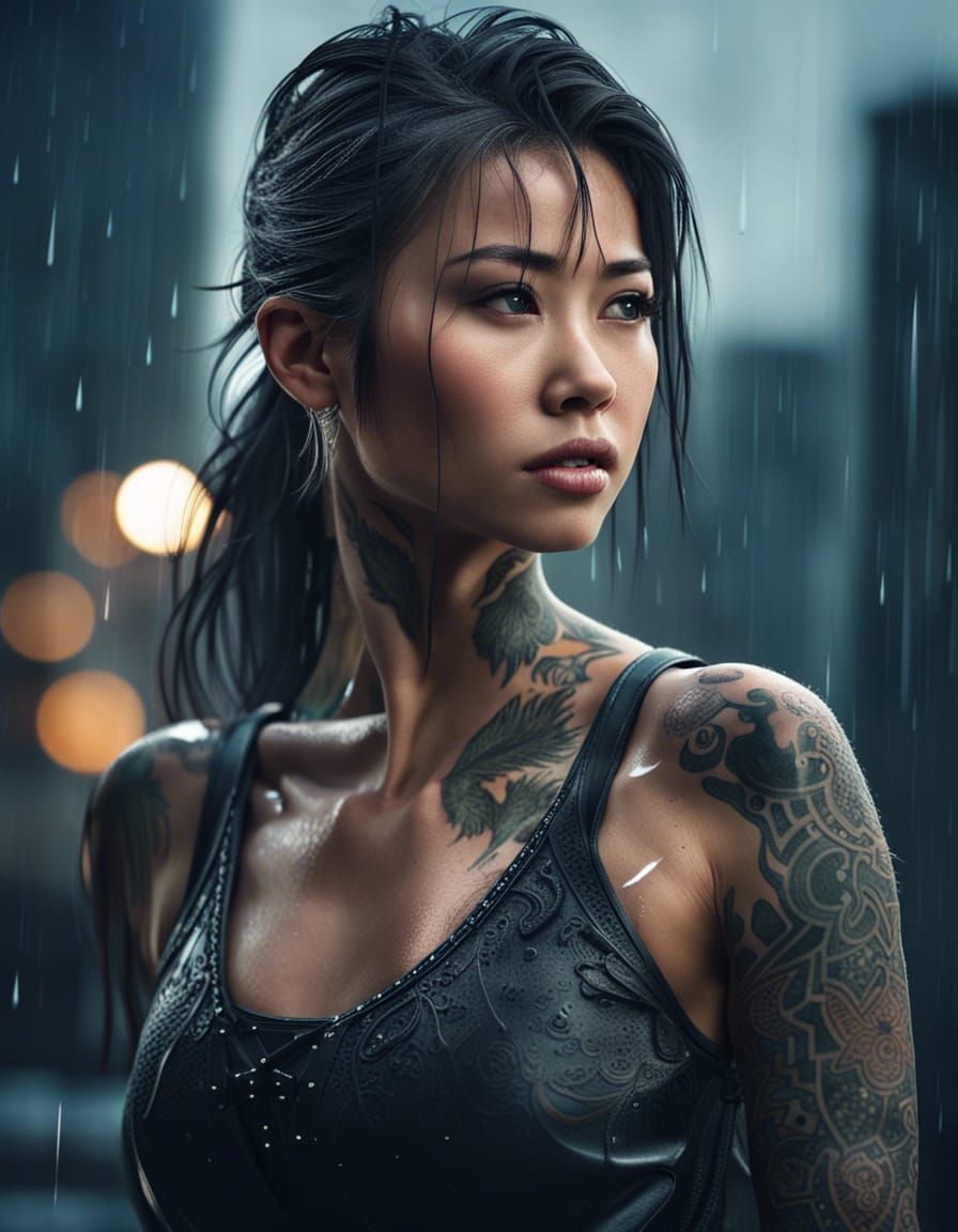 Asian Warrior Goddess in Rainy Cityscape