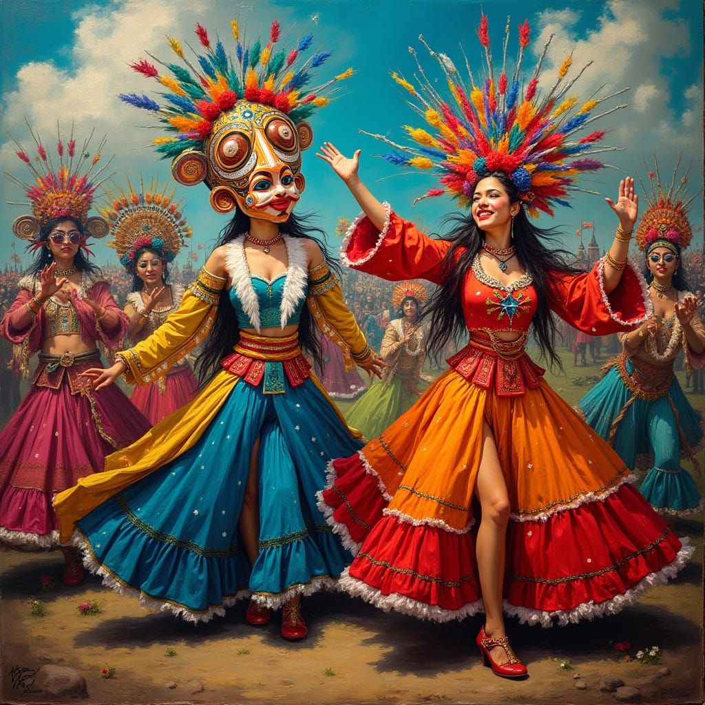 Joyful Carnival Performers in Surreal Expressionist Oil Pain...