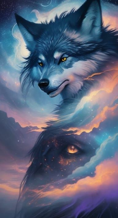 Anthropomorphic Wolf Merges with Starry Night Sky